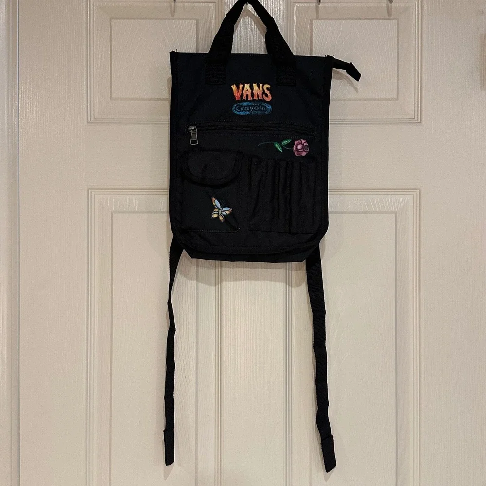 Vans x Crayola Mini Backpack Black Canvas Embroidered Butterfly Rose Bag
